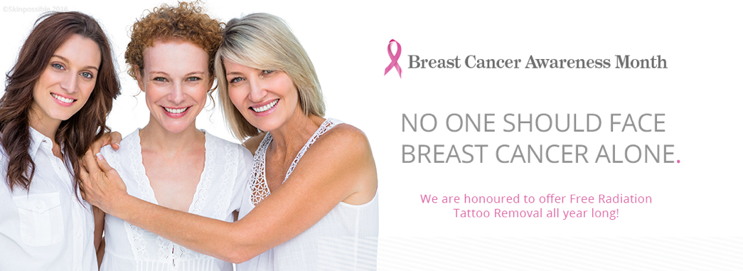 Promotional banner for Breast Cancer Awareness Month with free offer to remove radiation tattoo all year